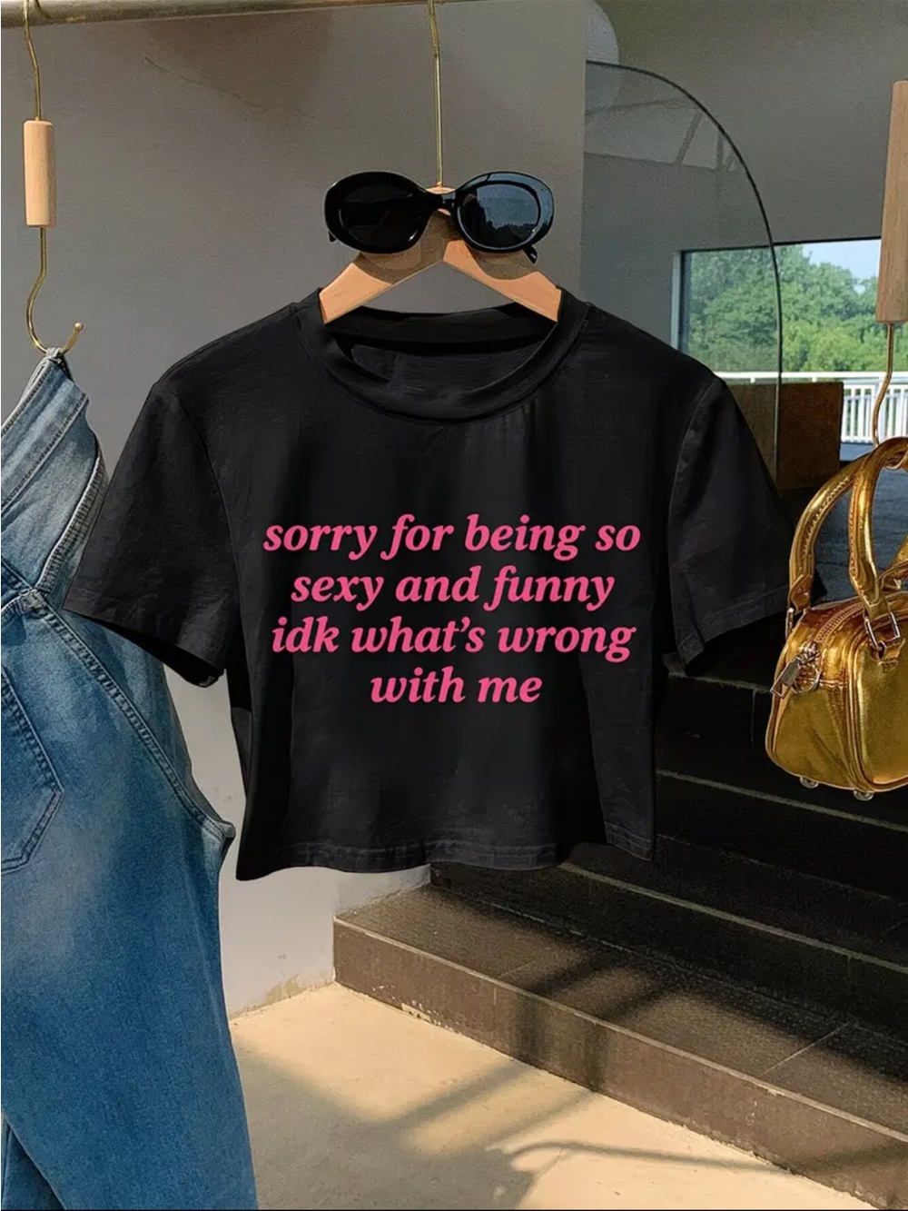 Black Graphic Crop Tee with Pink Slogan